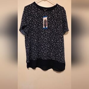 Hilary Radley Navy And White Floral Blouse